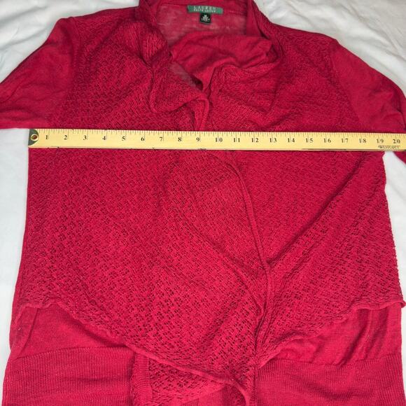 Lauren Ralph Lauren Open Front Red Cardigan Sheer Trim Women's Sz M Linen - Picture 9 of 11